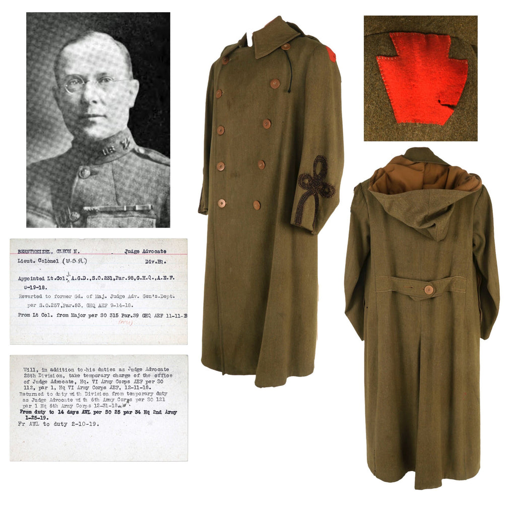 Original U.S. WWI Named 28th Keystone Division Judge Advocate’s Officer’s Greatcoat with Extremely Scarce Hood & Lieutenant Colonel Chicken Gut Ranks - Cleon Nivelle Berntheizel - Pennsylvania National Guard Original Items