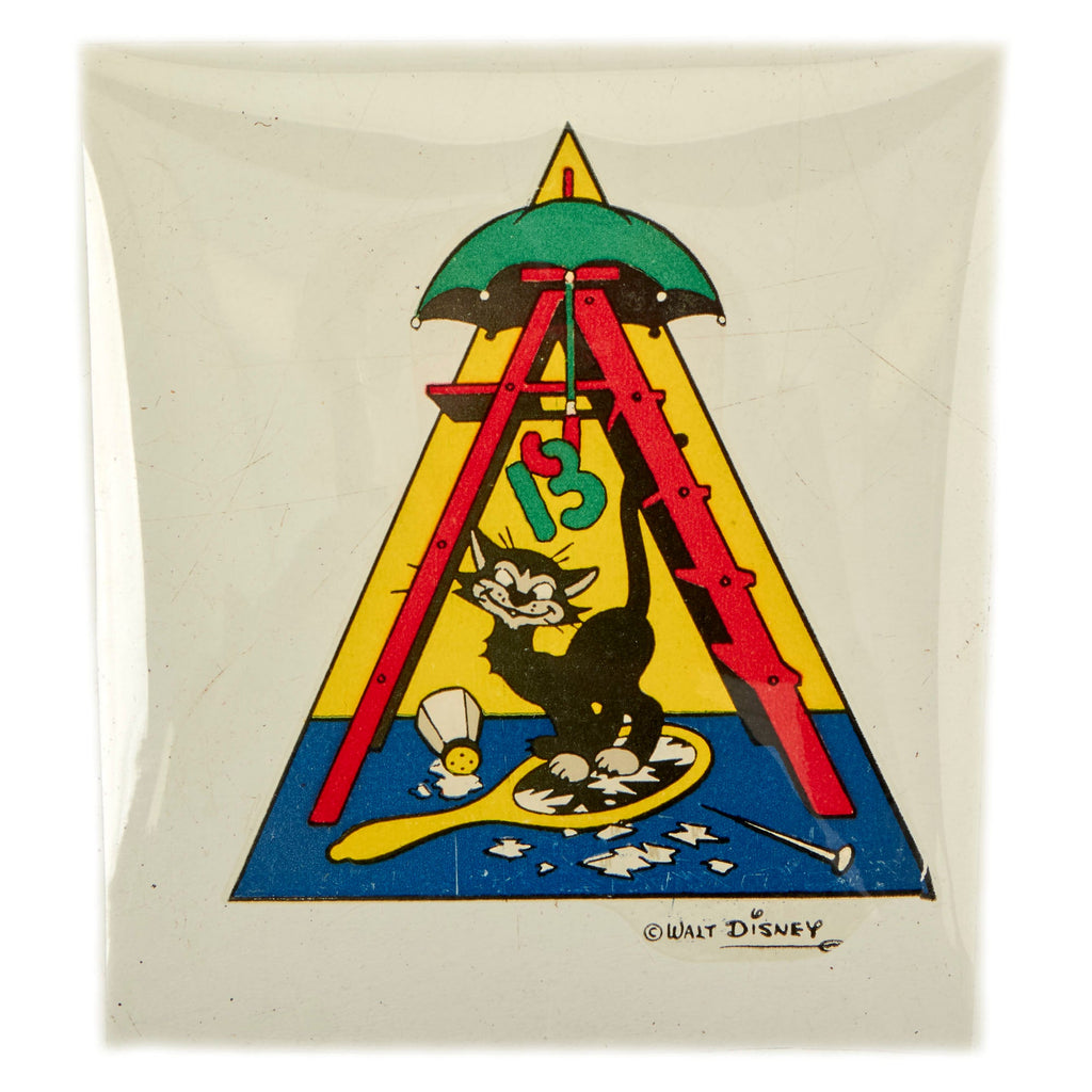 Original U.S. WWII 13th Armored Division “Black Cat” Walt Disney Squadron Insignia Decal in Frame - 5⅝ x 7⅝” Original Items