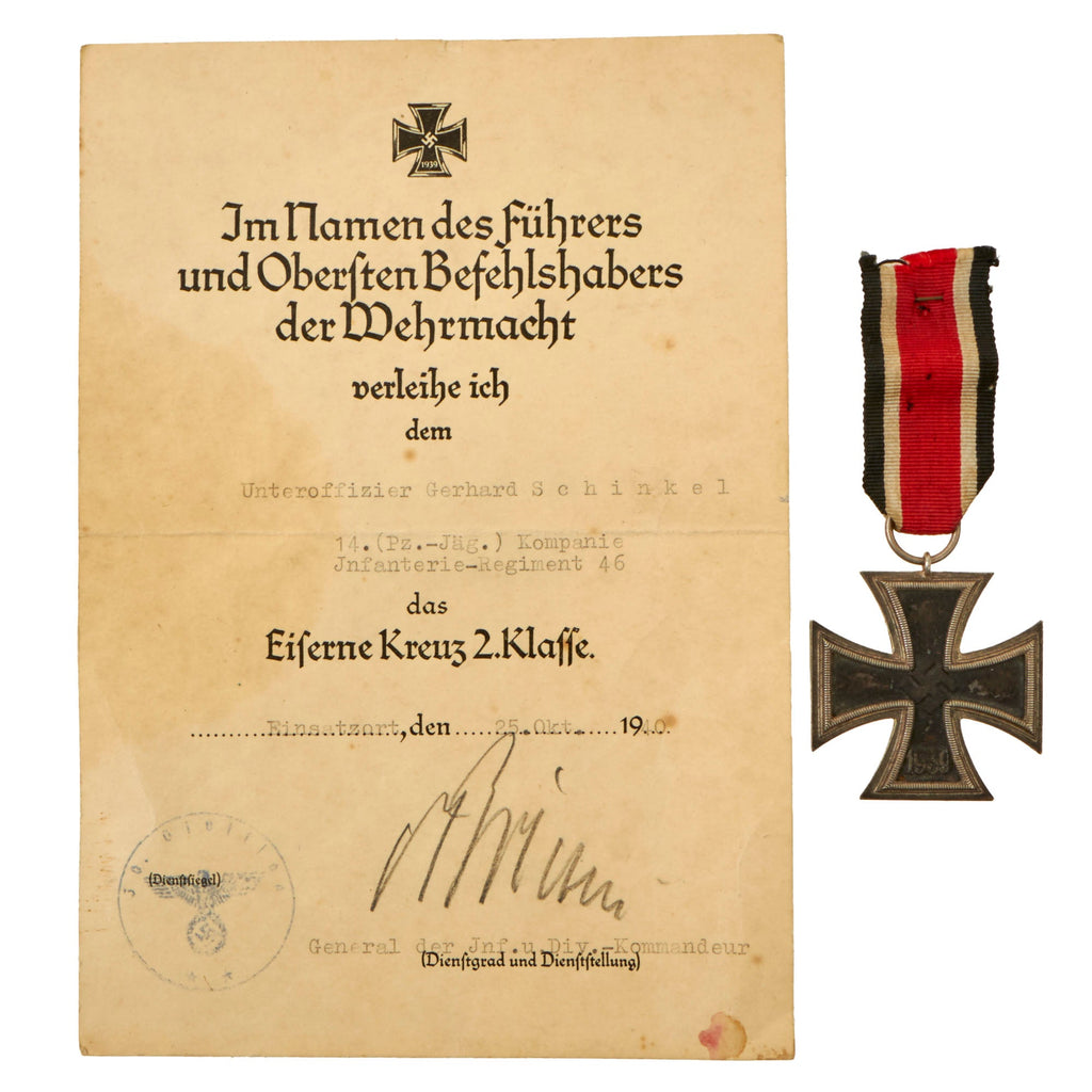 Original German WWII Iron Cross 2nd Class 1939 EKII with Named Award Document & Ribbon - 14th Panzerjäger Company Original Items