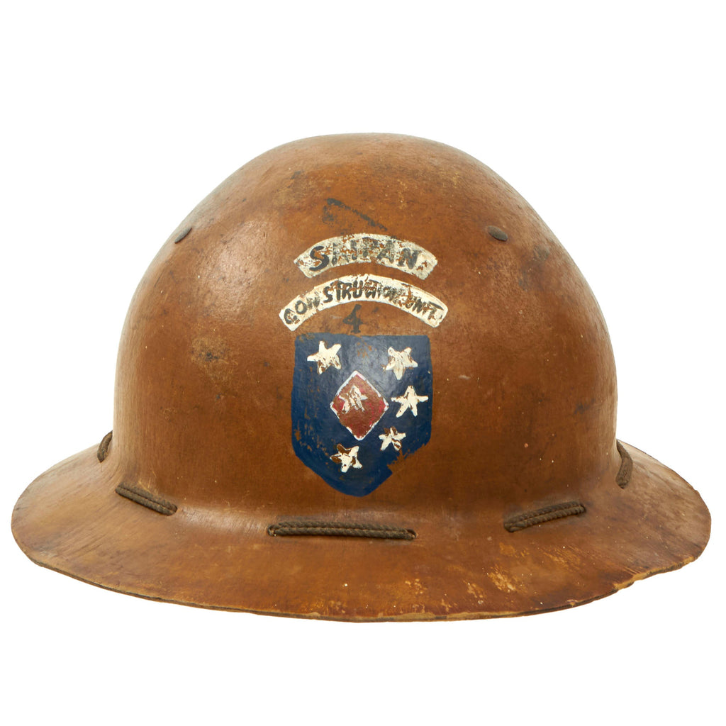 Original U.S. WWII Saipan Construction Unit 1st Marine Amphibious Corps Painted Construction Helmet with Liner & Chinstrap Original Items