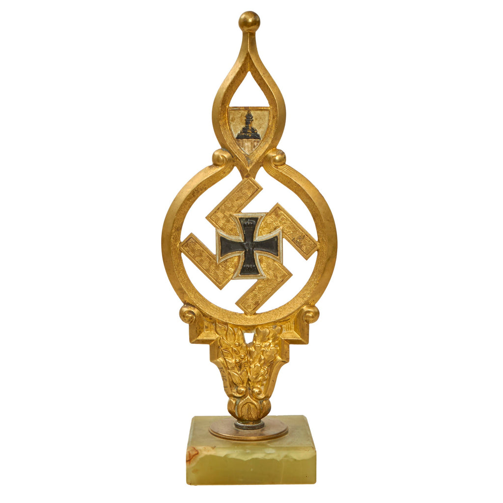 Original German WWII National Socialist State Veteran's Association Flag Pole Finial on Marble Base - NSRKB Original Items