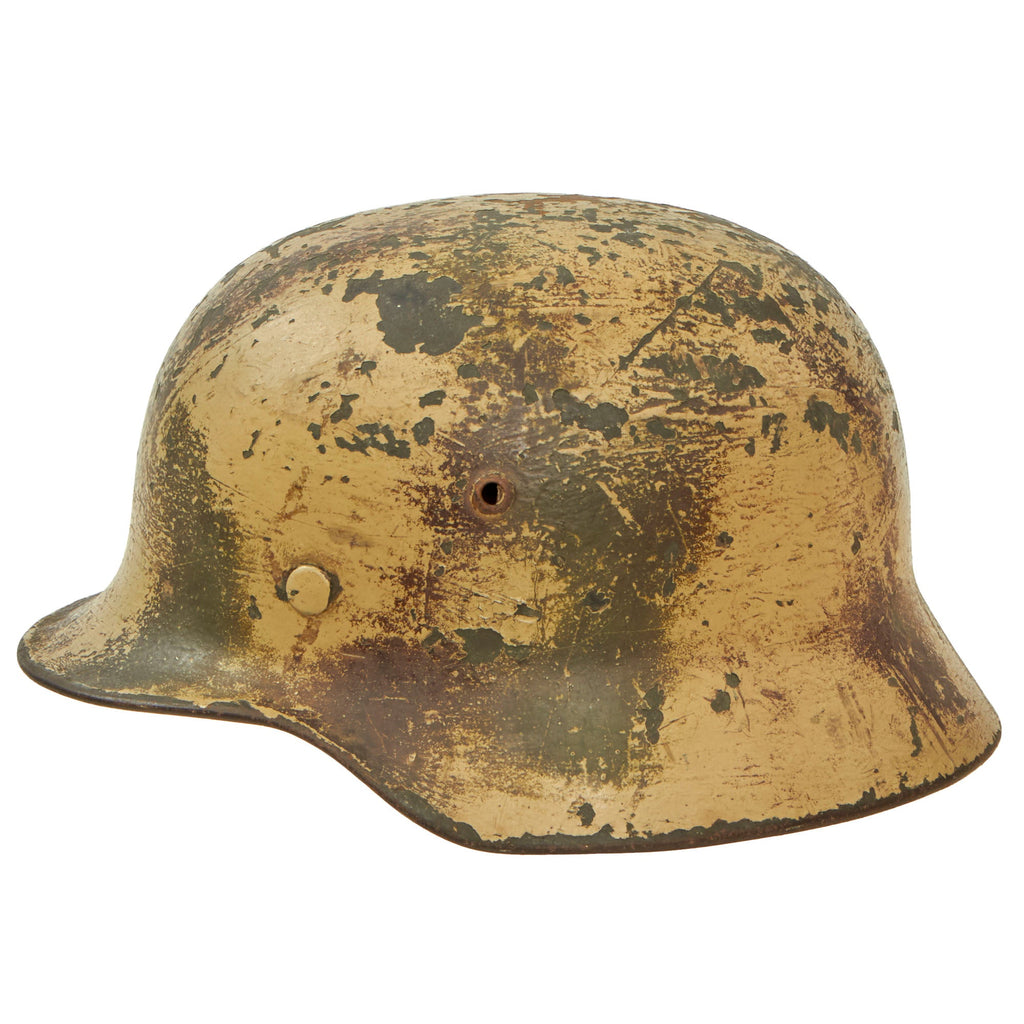 Original German WWII Heer Single Decal Overpaint Afrikakorps Tropical Camouflage M35 Helmet with 57cm Liner - Stamped EF64 Original Items