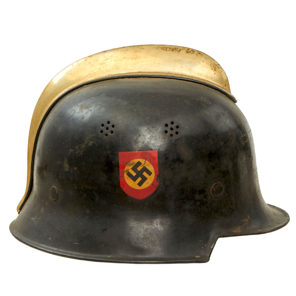 Original German WWII M34 Square Dip Fire Protection Police Helmet with Double Decals & Comb - Feuerwehr Original Items