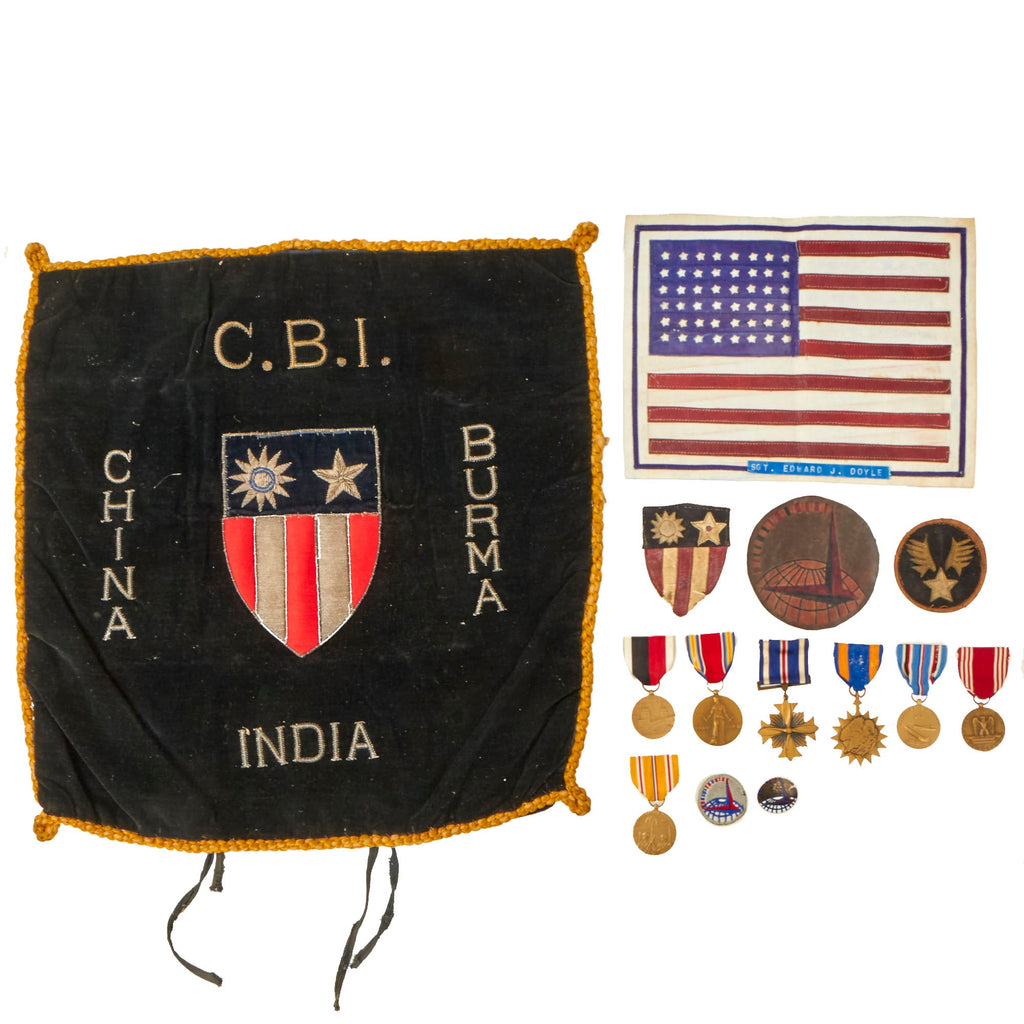 Original U.S. WWII Named CBI Air Transport Command Theater-Made Patch & Medal Grouping - American Flag Multi-Piece Leather Patch Original Items