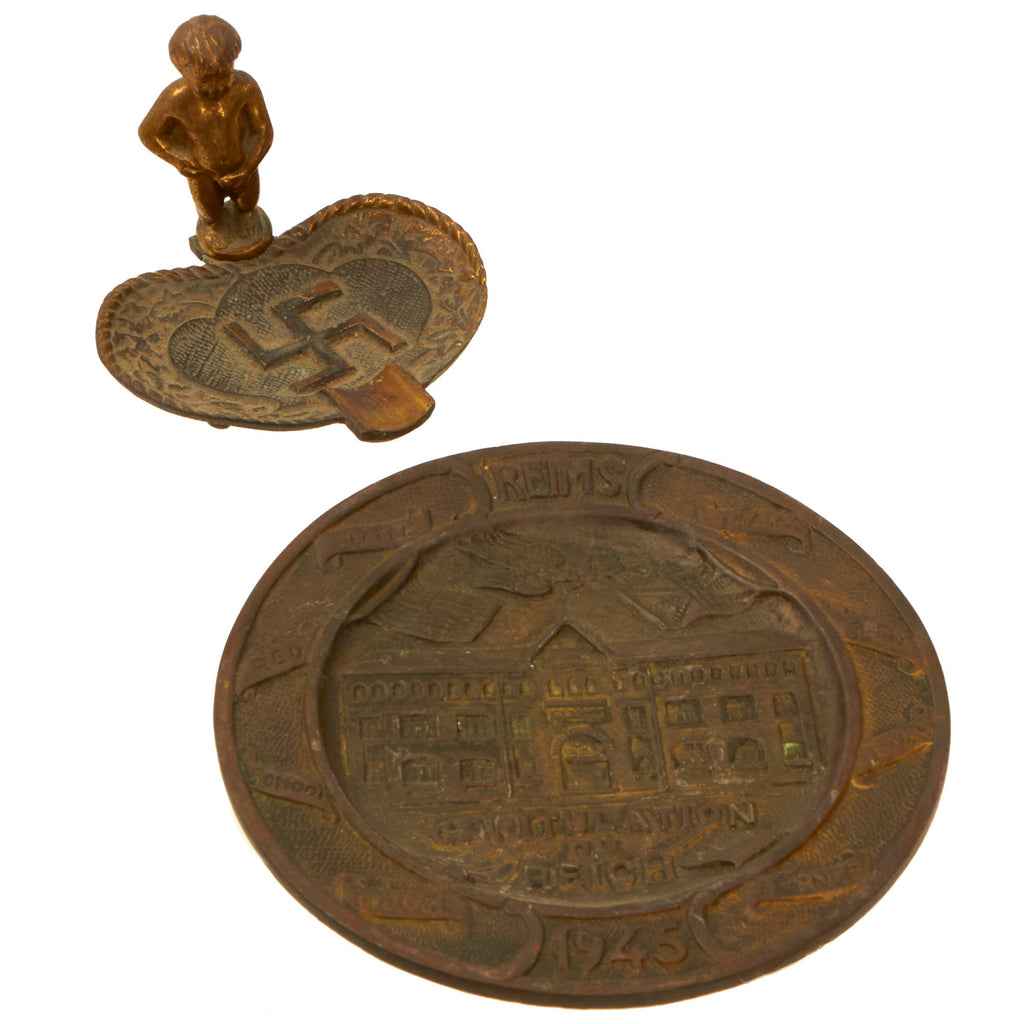 Original U.S. WWII Reims Capitulation German Surrender Commemorative Brass Plate & Ashtray with Cherub Urinating on NSDAP Emblem Original Items