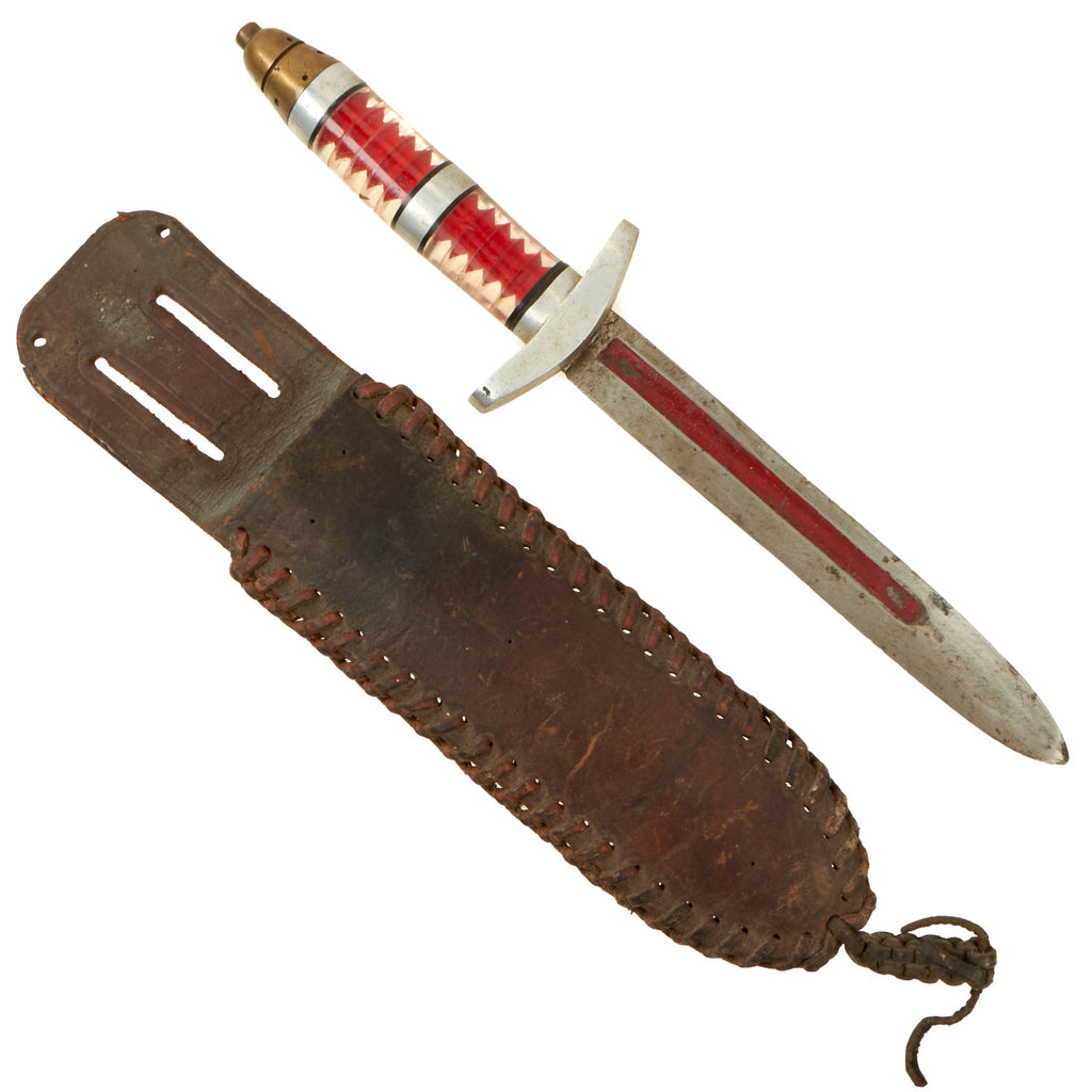 Original U.S. WWII Custom Fighting Knife with Japanese Fuze Pommel & Blade made from M-1905 Bayonet with Leather Scabbard Original Items