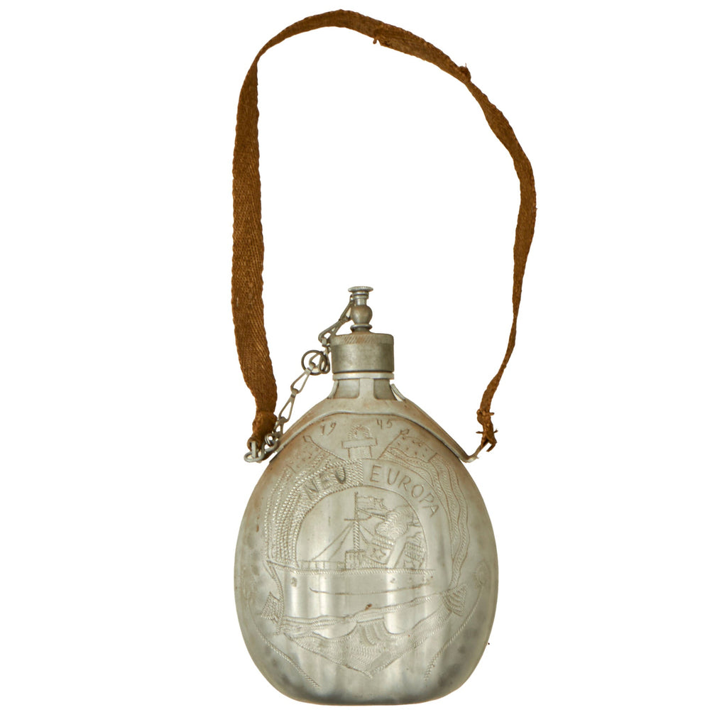 Original U.S. WWII Captured & Engraved Italian M1935 Canteen Trench Art with Strap - Peacock & Neu Europa Ship - 1945 Dated Original Items