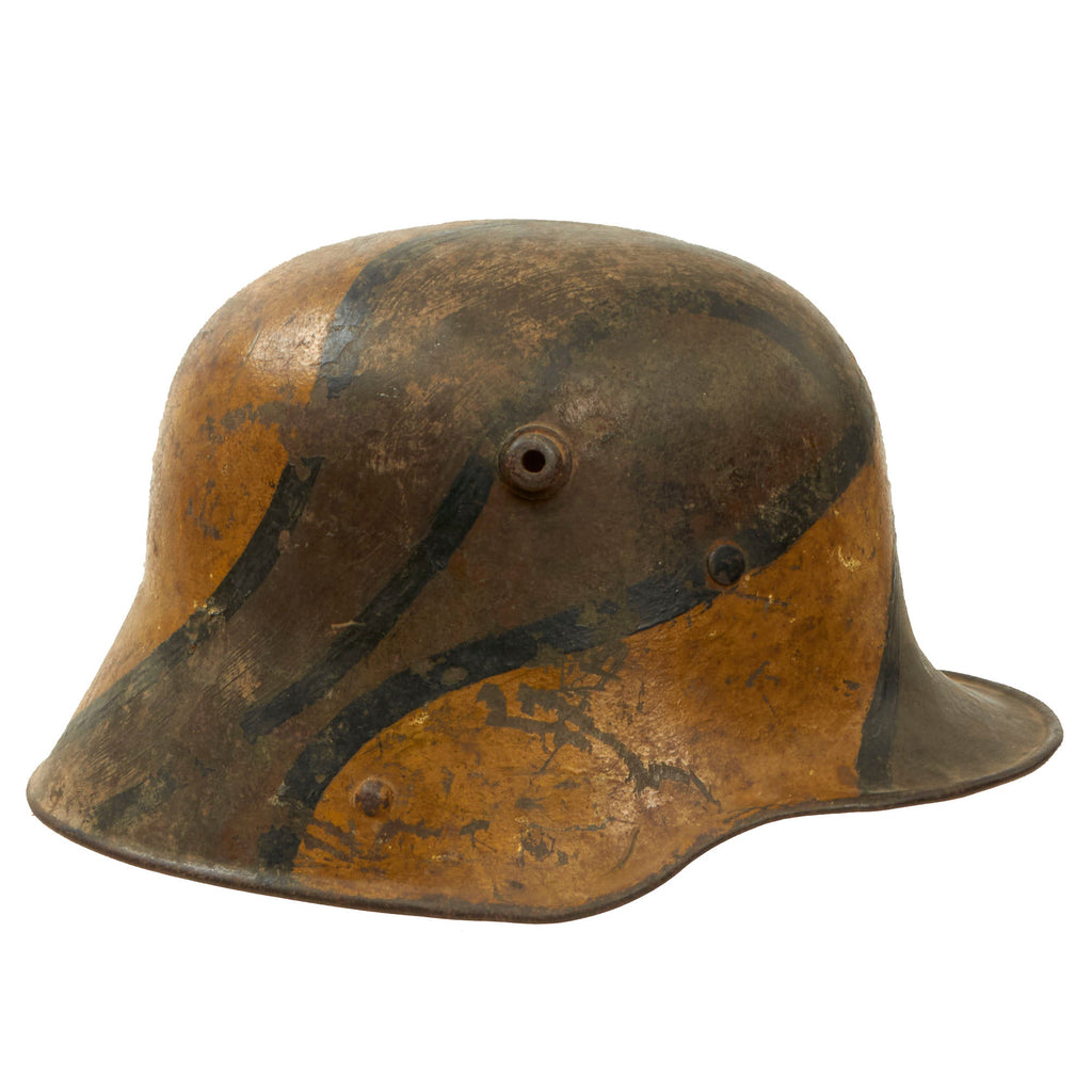 Original Imperial German WWI M16 Stahlhelm Helmet with Panel Camouflage Paint and Partial Leather Liner - Marked ET64 Original Items