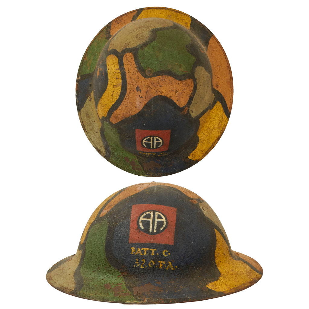 Original U.S. WWI 82nd Division 320th Field Artillery Panel Camouflage Painted M1917 Doughboy Helmet With Liner - All American Division Original Items