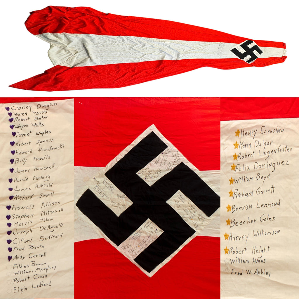 Original U.S. WWII Enormous Captured HJ Youth Banner Signed & Embroidered by Men of 2nd Cavalry Reconnaissance Squadron - KIA & Purple Hearts Stitched by Names - 6⅓ x 19 Feet Original Items