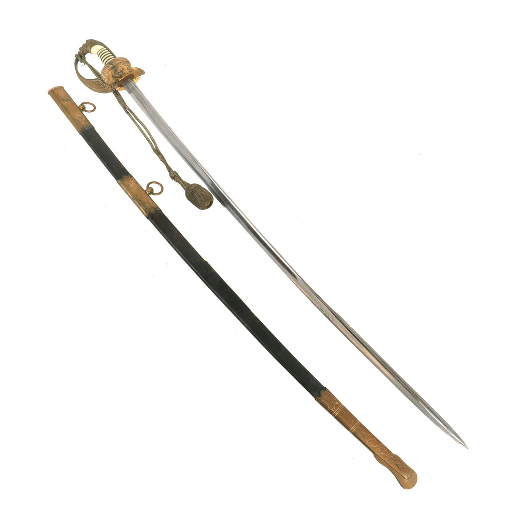 Original German WWII Kriegsmarine Navy Officer Pipe Back Lion Head Sword by E. & F. Hörster with Portepee and Leather Covered Scabbard Original Items