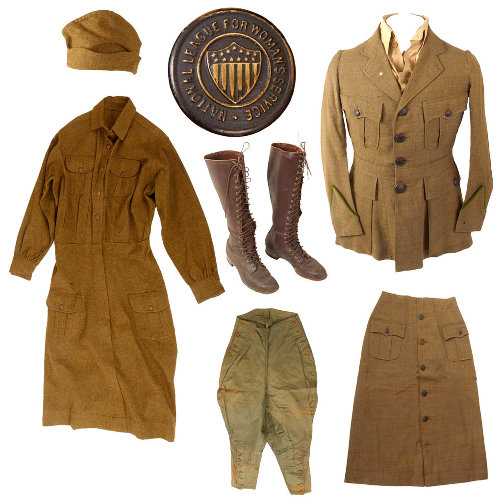 Original U.S. WWI National League for Women's Service Uniform & Boot Grouping with Workdress and Cap Original Items
