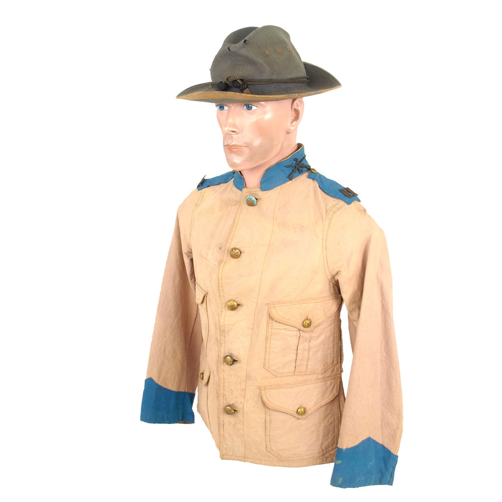 Original U.S. Spanish American War 2nd Infantry Regiment Captain’s M1898 Tropical Coat with Private Purchase Officer’s Campaign Hat - Hand Sewn Construction Original Items