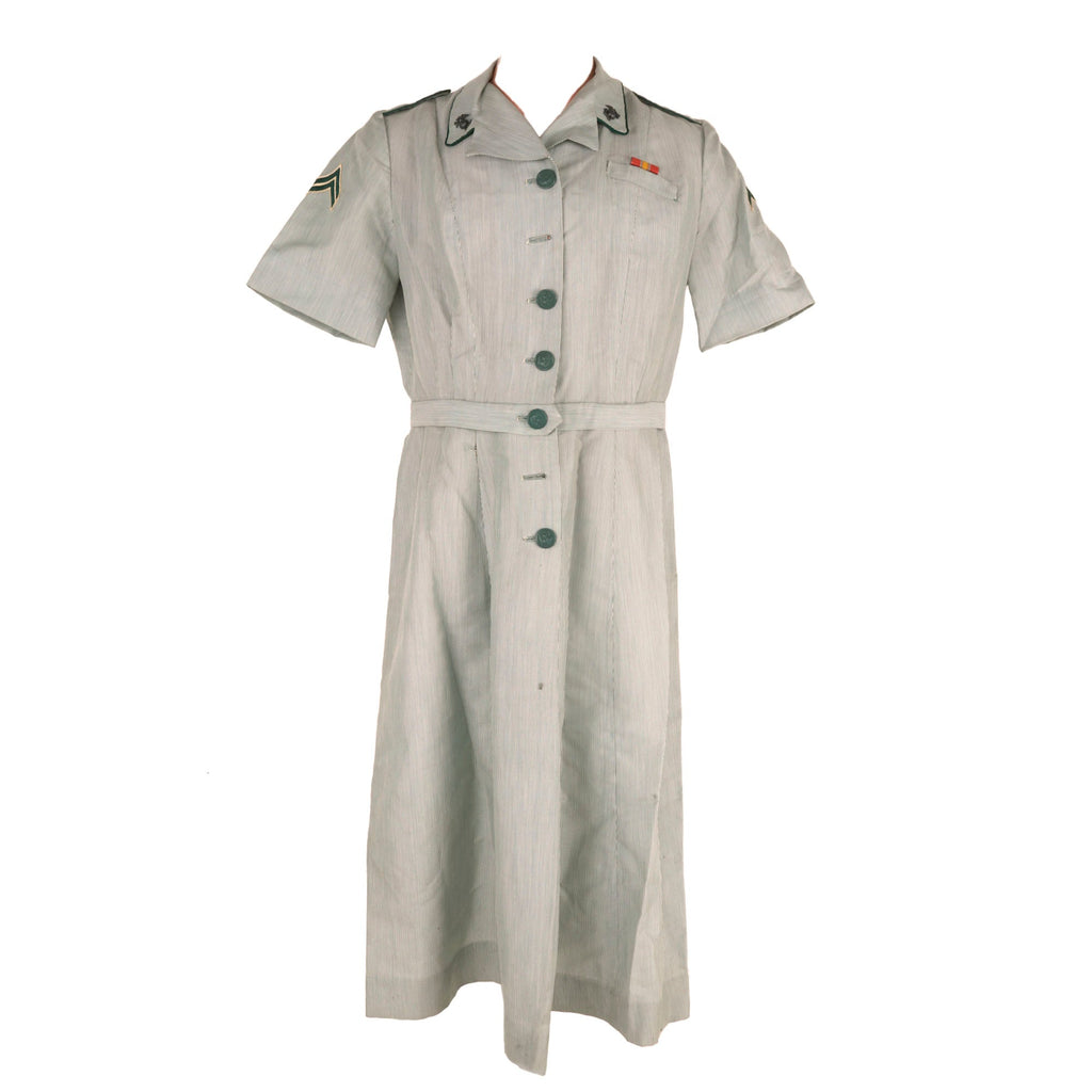 Original U.S. Korean War Female Marine Seersucker Pinstripe Dress with Insignia & National Defense Ribbon Original Items