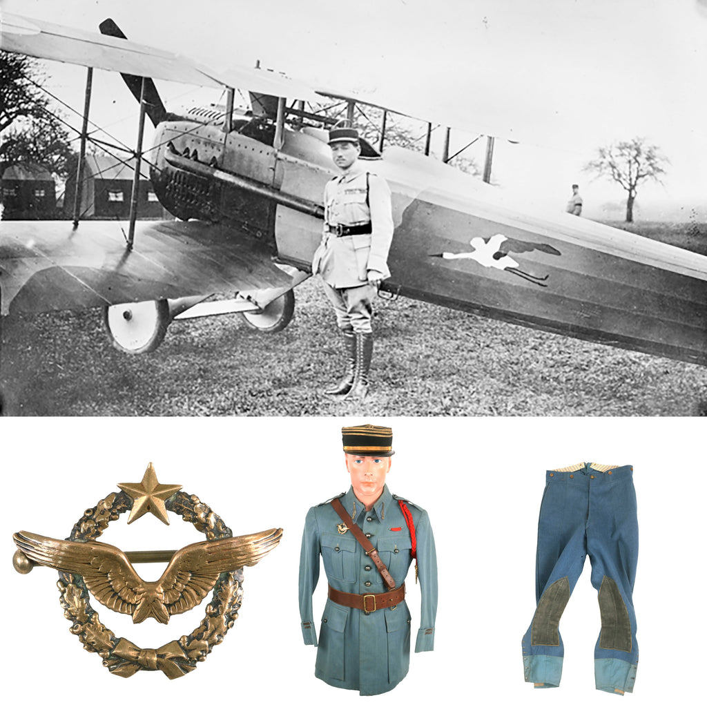 Original France WWI Pilot Armée de l'Air French Air Service Officer’s Uniform Set With Tunic, Trousers, Sam Browne Belt and Kepi With Squadron Insignia - 'Stork Escadrille N3' Original Items
