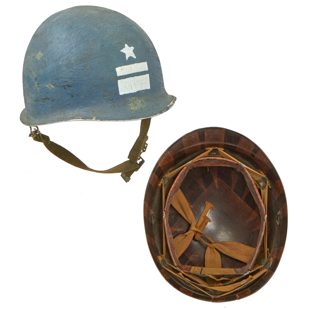 Original U.S. WWII US Navy Lieutenant Junior Grade (JG) Rank Painted 1944 McCord Front Seam Swivel Bale M1 Helmet with Net and Westinghouse Liner - Original Period Applied Blue Paint Original Items