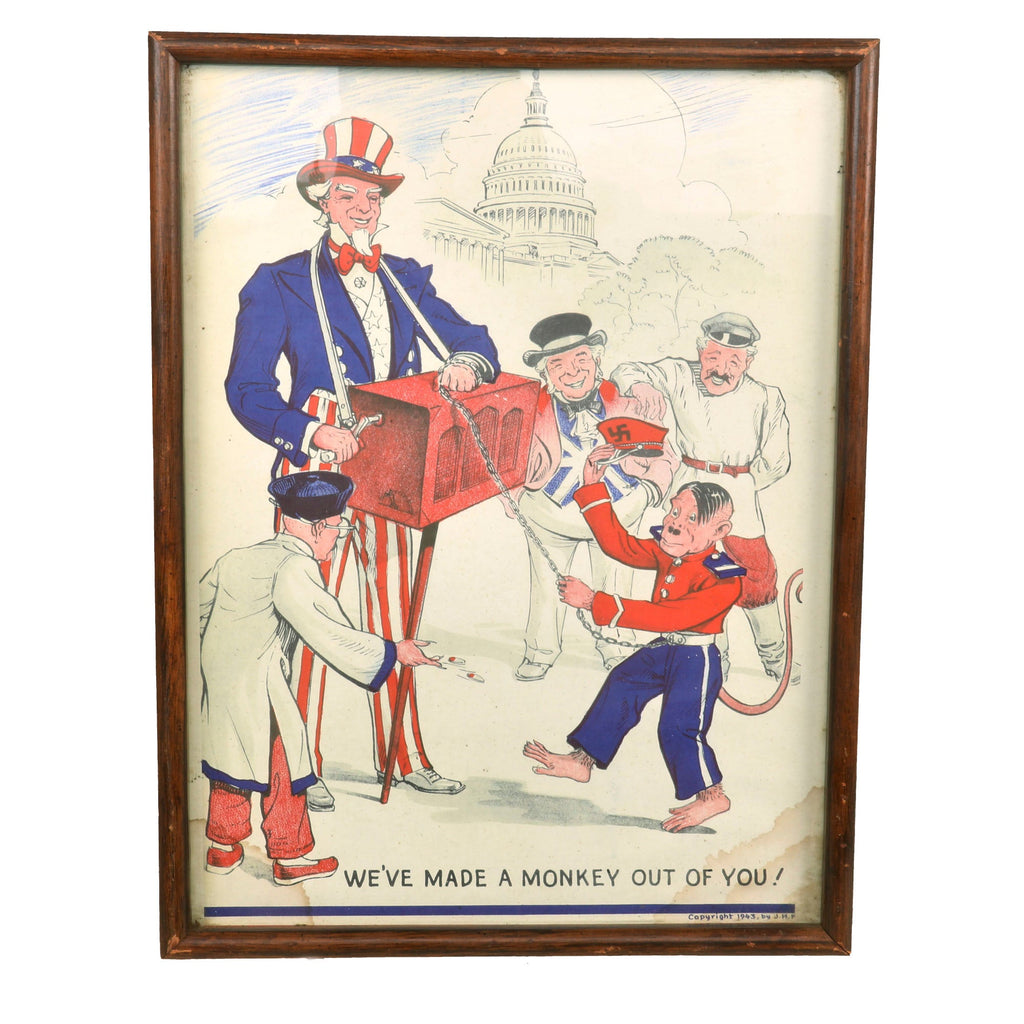 Original U.S. WWII Government Printing Office “We’ve Made A Monkey Out Of You” Framed Propaganda Poster With Artwork by J.H. King - 12¾ x 16¾” Original Items