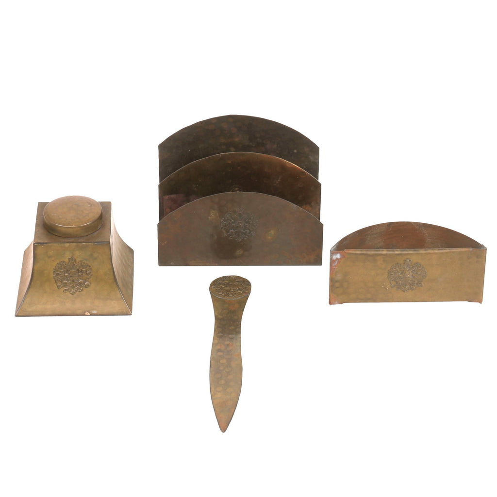 Original Imperial Russian WWI Trench Art Desk Set with Inkwell, Blotter, Stationary Holder, and Letter Opener Original Items
