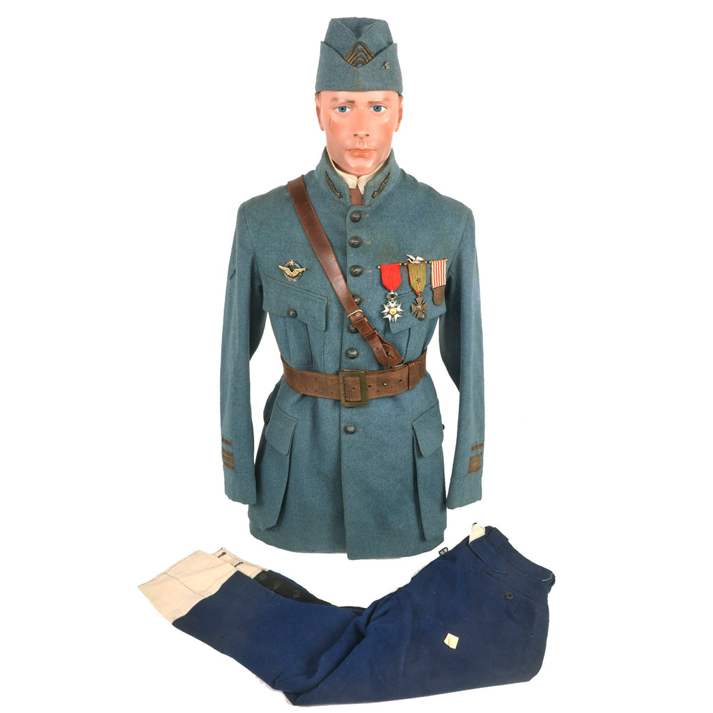Original France WWI Pilot Armée de l'Air French Air Service Wounded Commandant Officer’s Uniform Set With Tunic, Trousers, Sam Browne Belt, Medals, and Overseas Cap with Squadron Insignia - 'Stork Escadrille N3' Original Items