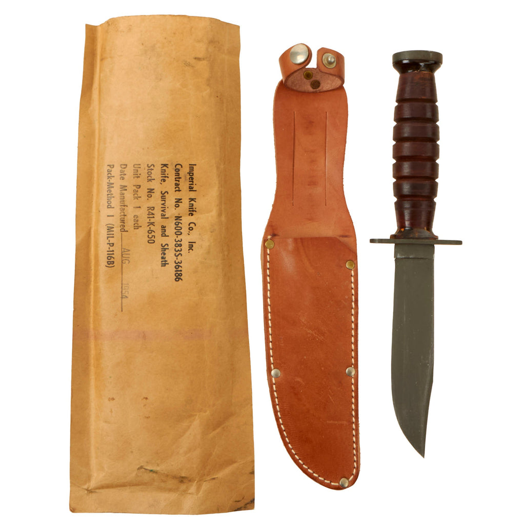 Original U.S. Korean War Mint Pilot’s Survival Knife by Imperial with Leather Sheath in Original Packaging - Dated 1954 Original Items