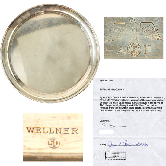 Original German WWII USGI Berchtesgaden Bring Back AH Silver Serving Tray by Wellner with Notarized Letter of Provenance - 508th Parachute Infantry Regiment Veteran Original Items