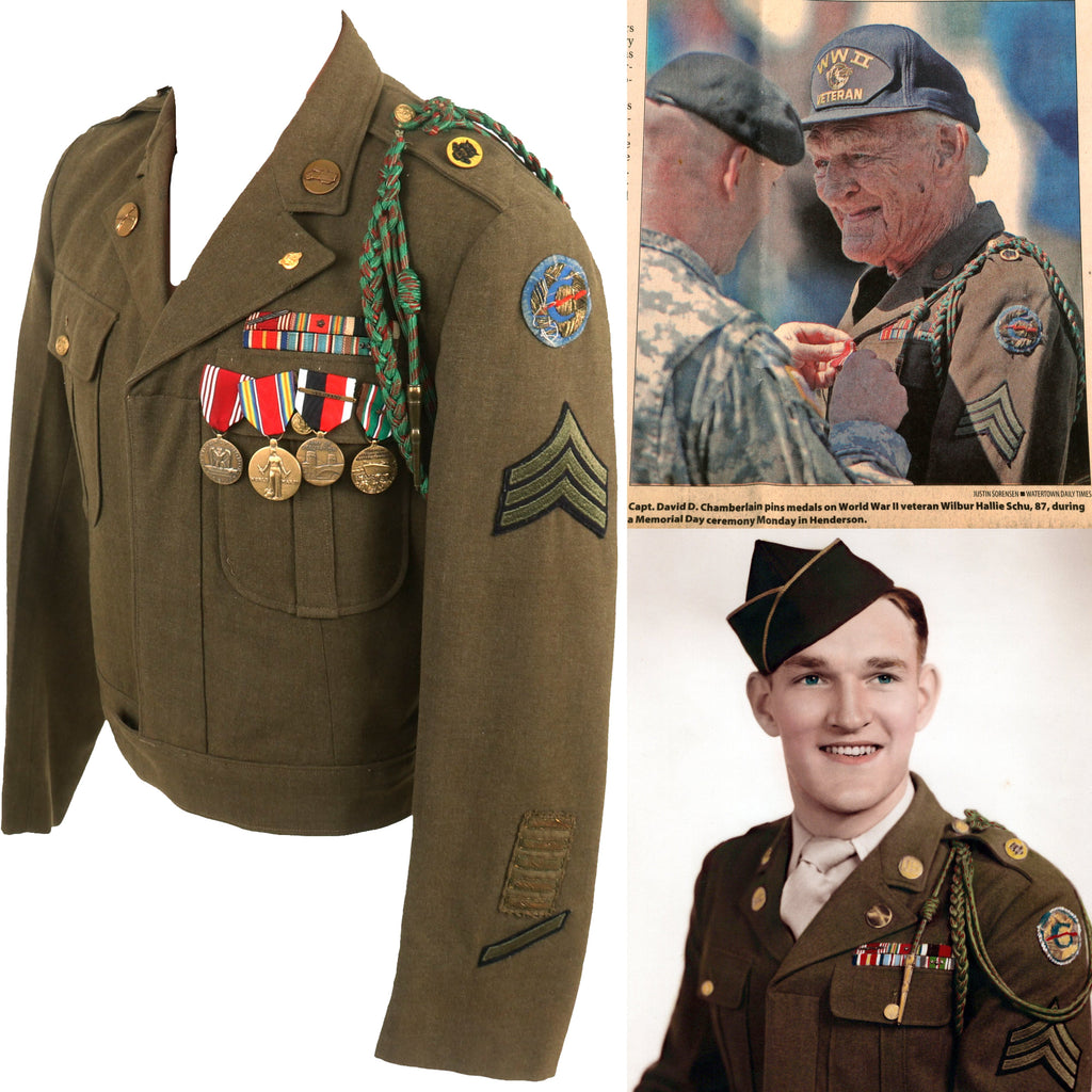 Original U.S. WWII Identified Tank Destroyer Ike Jacket with Photographs of Soldier Wearing it in 1945-6 and 2013 Original Items