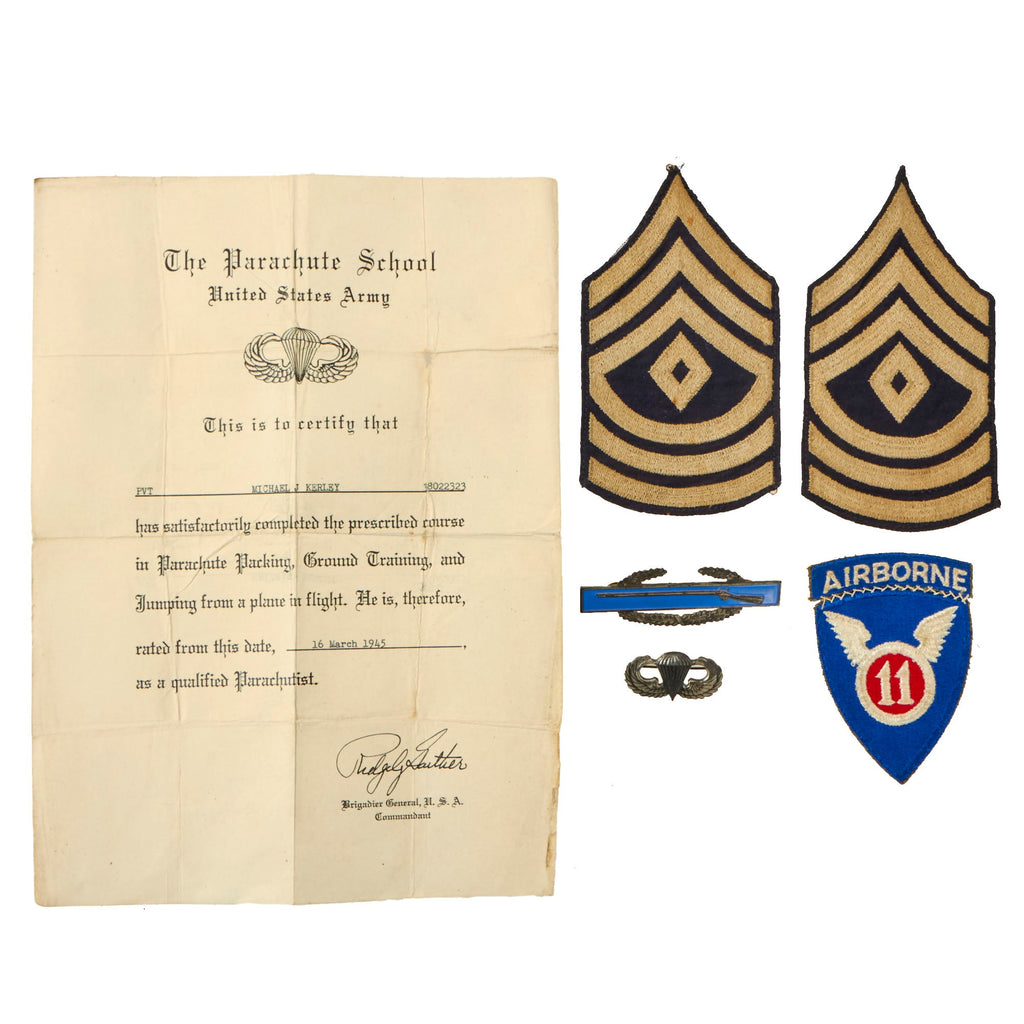 Original U.S. WWII 127th P.I.R. 11th Airborne Named Certificate & Insignia Grouping Original Items