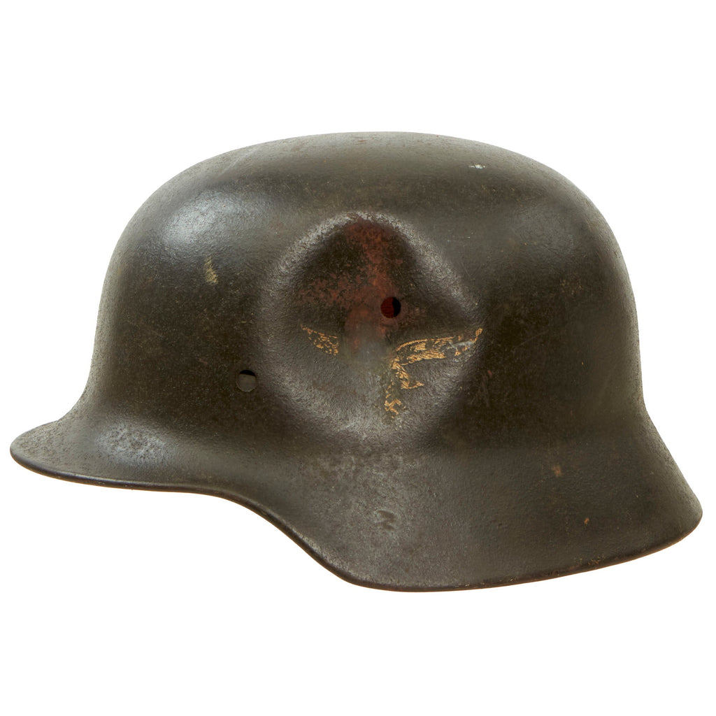 Original German WWII Battle Damaged M35 Single Decal Luftwaffe Helmet with 1940 Dated 56cm Liner - Stamped SE64 Original Items