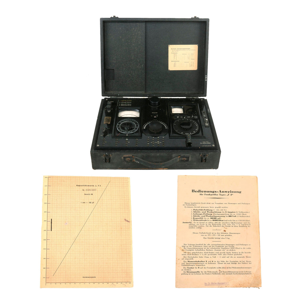 Original German WWII Kriegsmarine U-Boat Radio Test Unit Type F2 with Operating Instructions & Chart Original Items