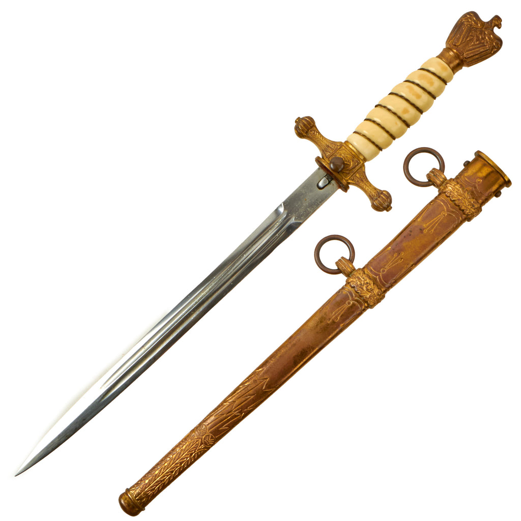 Original WWII German 2nd Model Kriegsmarine Naval Dagger by W.K.C. Waffenfabrik with Lightning Bolt Scabbard - Unplated Blade Original Items