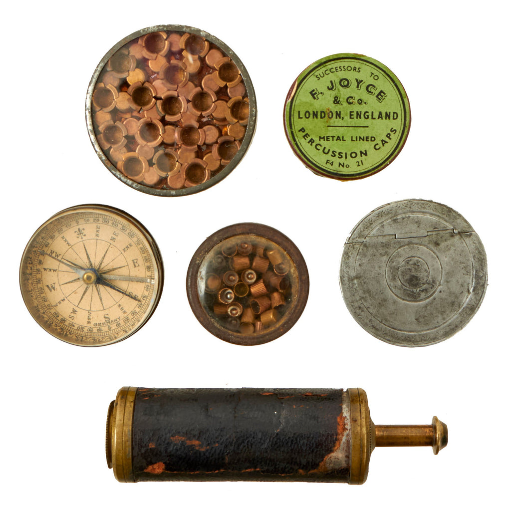 Original U.S. 1830s - 1850s Flintlock Pistol Priming Horn & Percussion Cap Transparent Pocket Tins - Compass & Pocket Cap Tin Lot Original Items