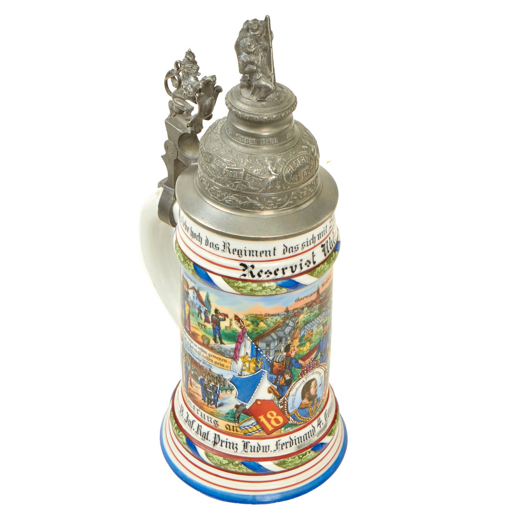 Original Imperial German WWI Era 18th Royal Bavarian Infantry Regiment Reservist Beer Stein with Hinged Lid - dated 1905-07 Original Items
