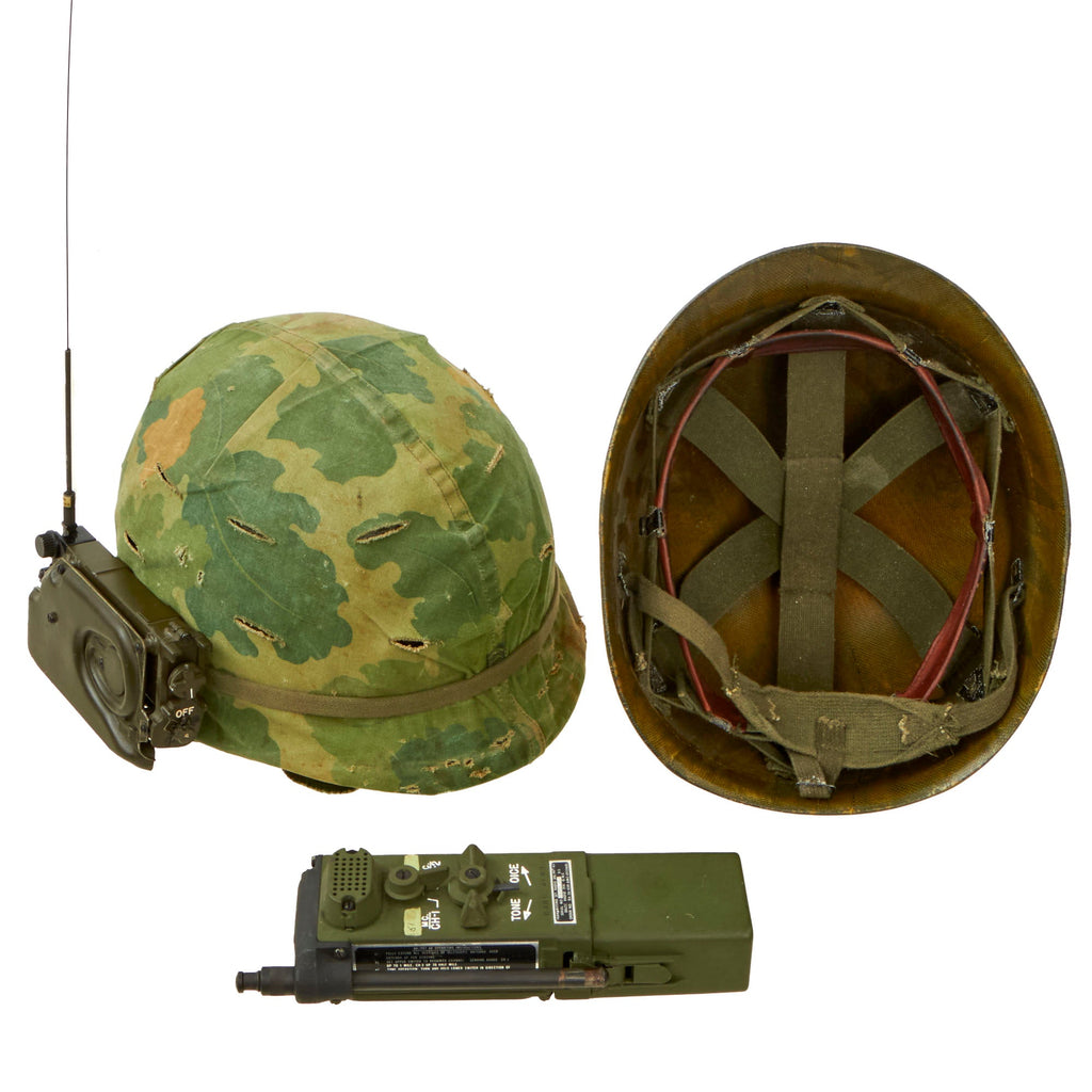 Original U.S. Vietnam War M1 Helmet with PRT-4 / PRR-9 Squad Radio Set & Camouflage Cover Original Items