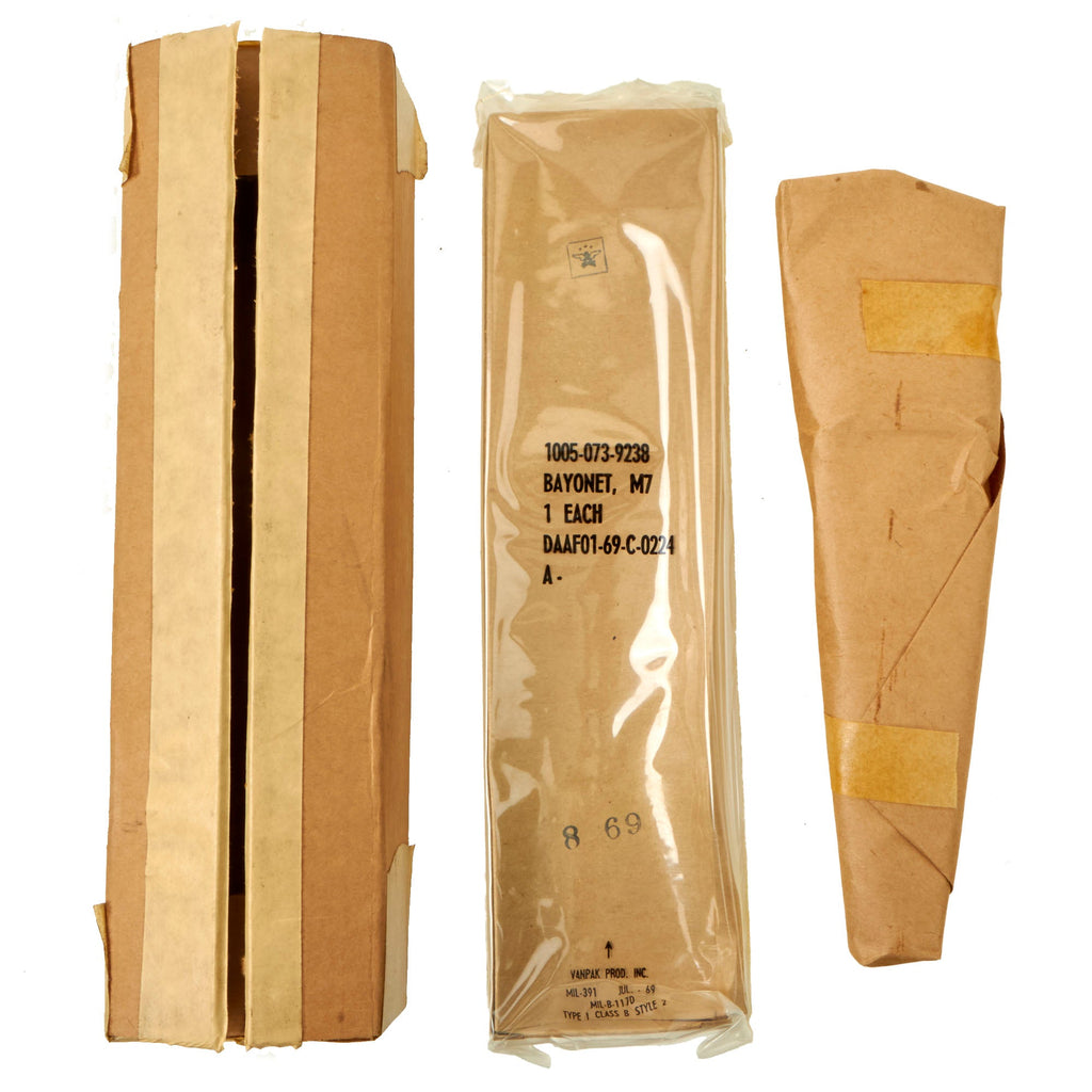 Original U.S. Unissued M7 Bayonet for M16 Rifle with M8A1 Scabbard in Original Sealed Packaging - Dated 1969 Original Items