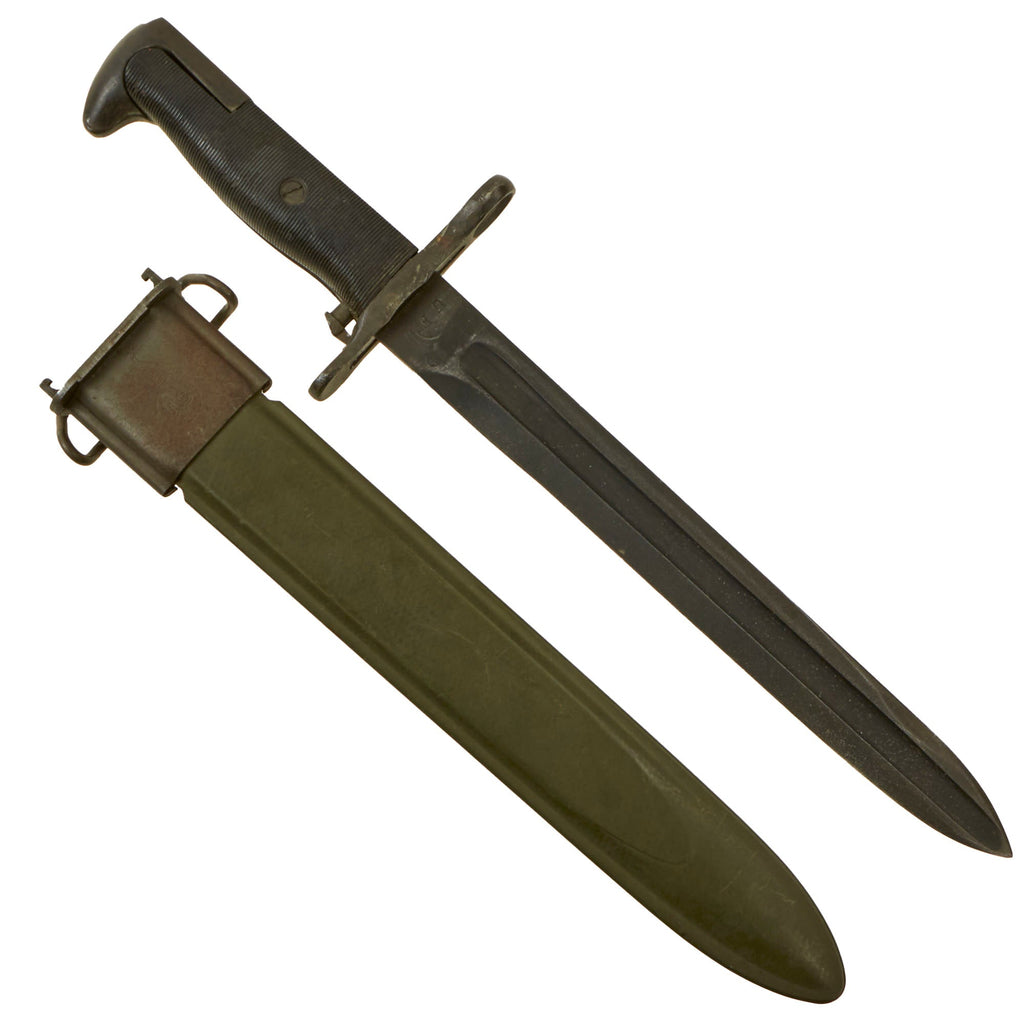 Original U.S. WWII M1 Garand 10 inch Cut Down Bayonet by Utica Cutlery with M7 Scabbard - Dated 1942 Original Items