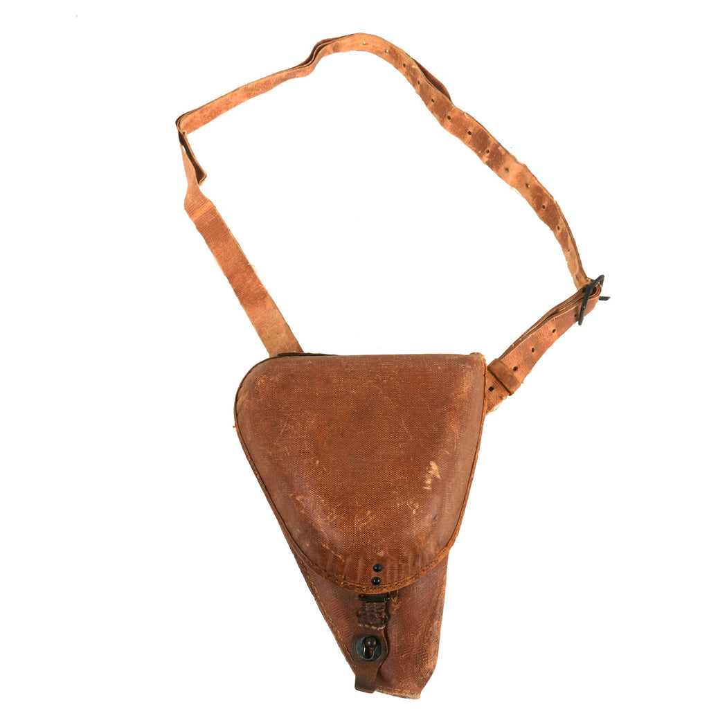 Original Japanese WWII Scarce Late War Rubberized Canvas Jungle Type 14 Nambu Pistol Leather Holster with Shoulder Strap Original Items