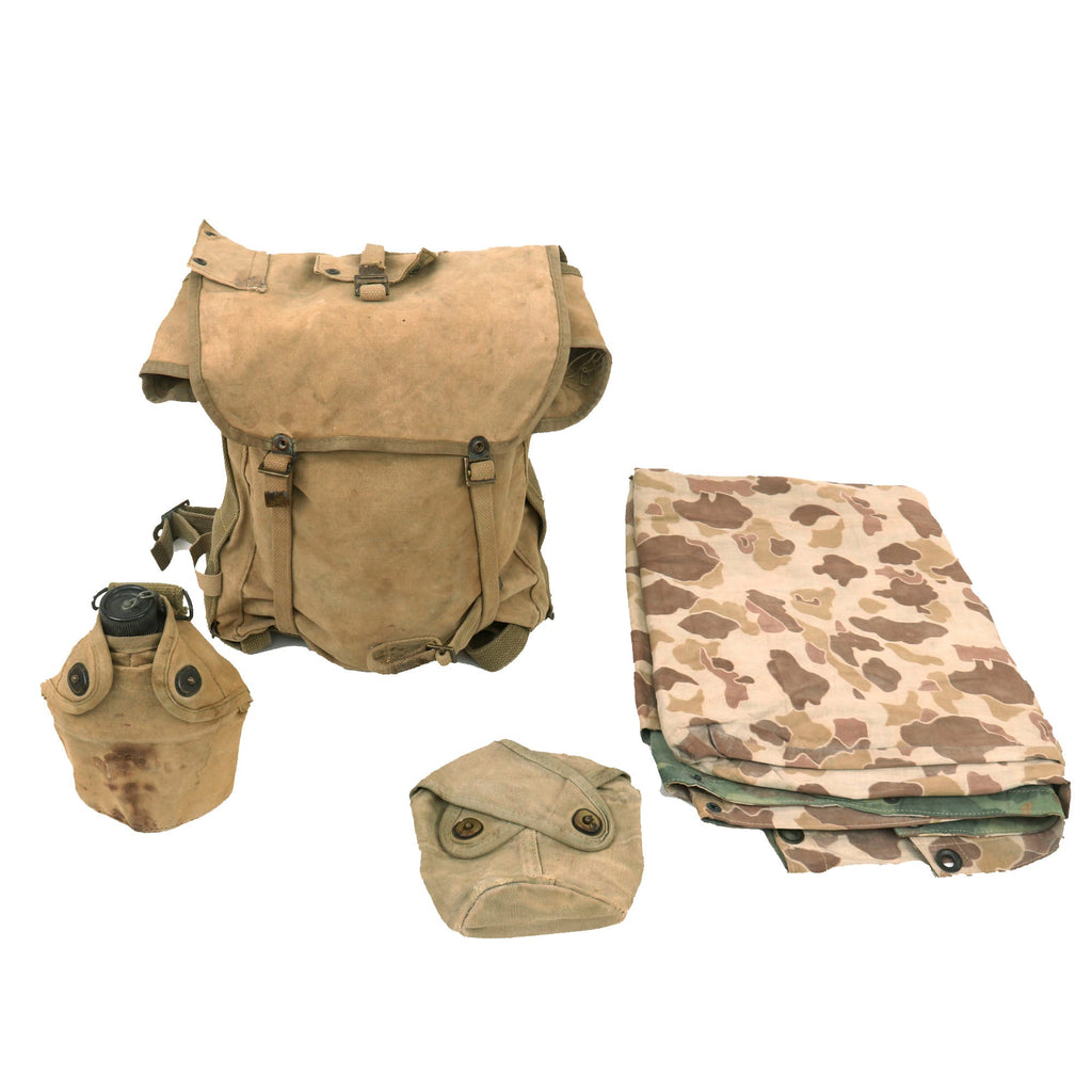 Original U.S. WWII US Marine Corps Field Gear Lot Featuring 1st Model M41 Pack, 2nd Model Canteen Cover, 3rd Model Canteen Cover (Without Funnel Hole) and Tarp Original Items