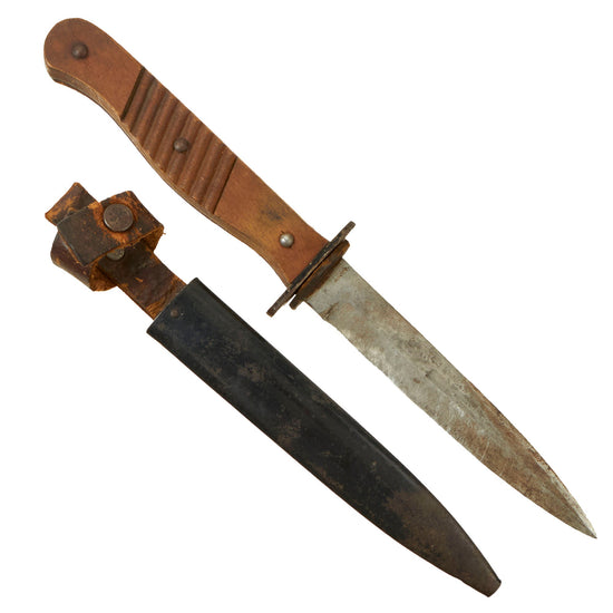 Original German WWI Trench Fighting Knife by ERN with Ribbed Grips and Belt Scabbard Original Items