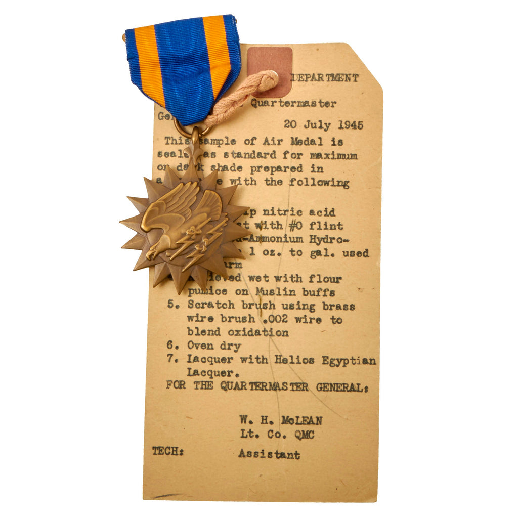 Original U.S. WWII Office of the Quartermaster General, War Department Standard Sample of the Air Medal on Original Card With Unbroken Seal - Dated July 20, 1945 Original Items