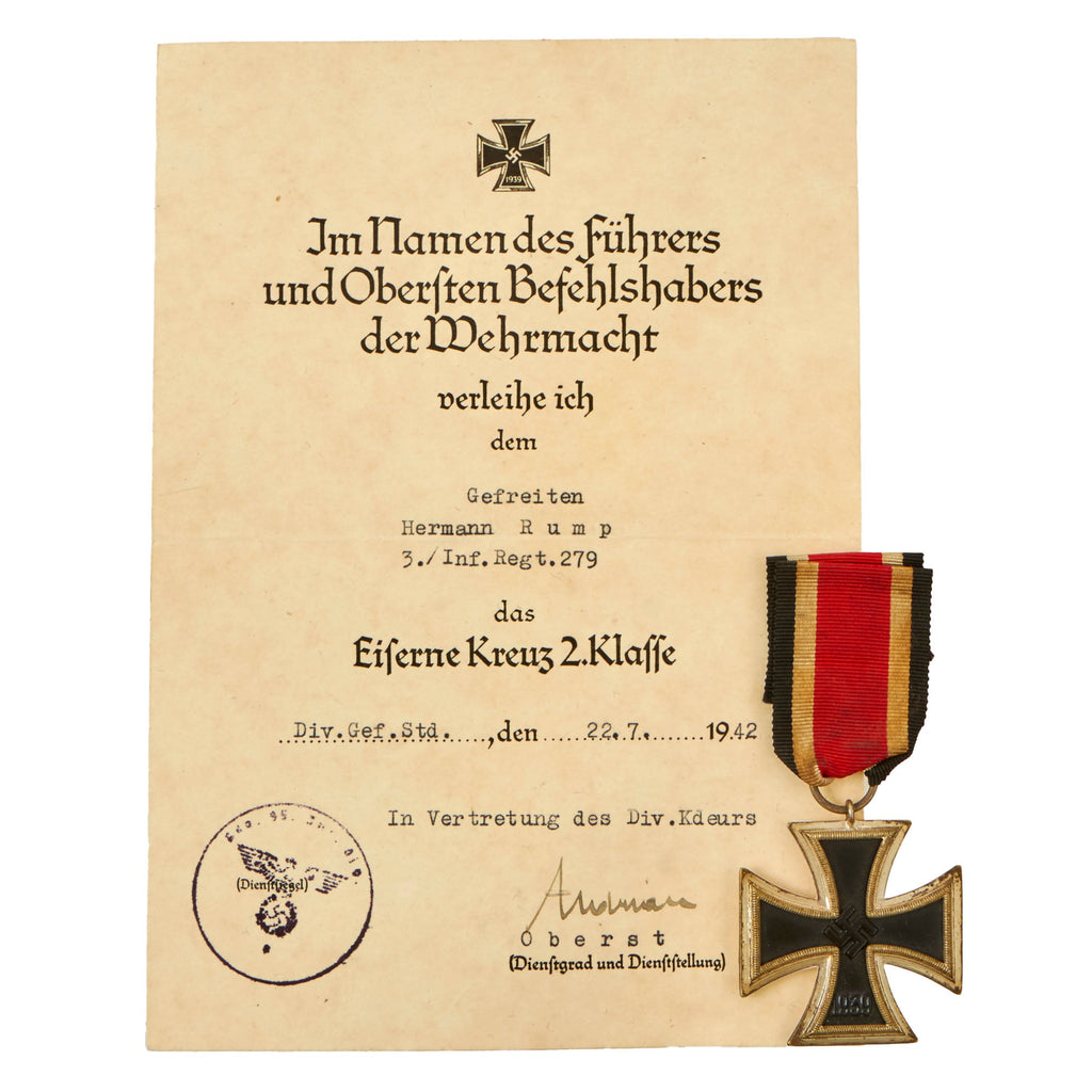 Original German WWII Iron Cross 2nd Class 1939 with Named 279th Infantry Award Document & Ribbon - EKII Original Items