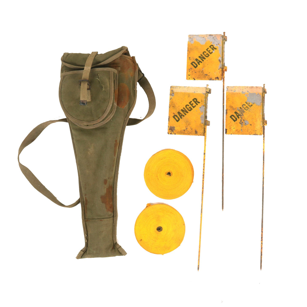 Original U.S. WWII DANGER Mine Field Marker Kit Flag Set Case Complete with 26 Marking Flags & Yellow Tape Rolls - 1944 Dated Original Items