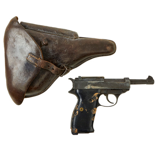 Original German WWII P08 Luger Brown Leather Repaired Hardshell Holster with Walther P.38 Plug Fire Gun by MGC Japan Original Items