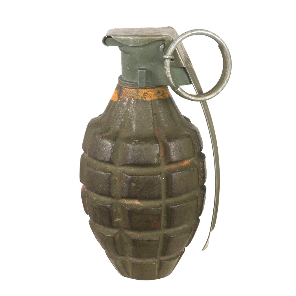 Original U.S. WWII Inert MkII Pineapple Grenade with Yellow Ring & M10A3 Fuze by Littlestown Foundry Original Items