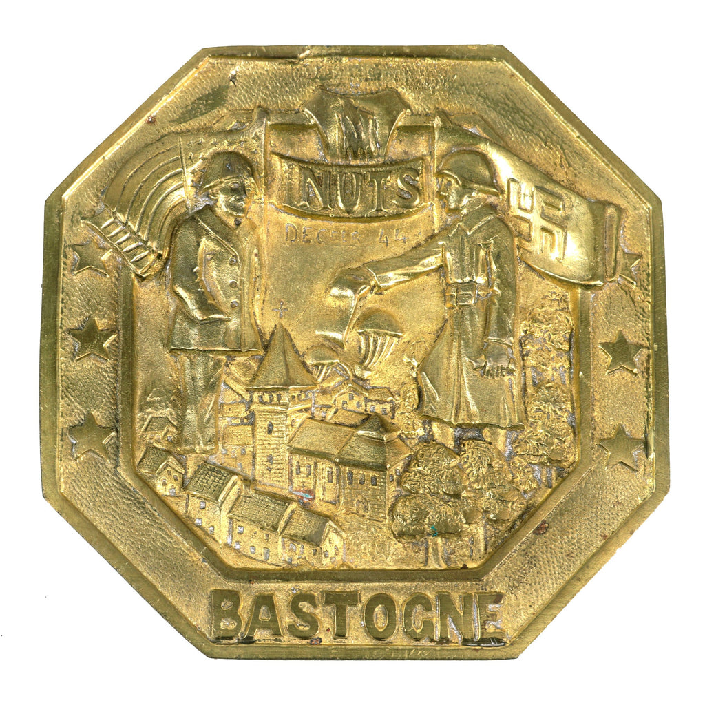 Original WWII U.S. 101st Airborne Battle of the Bulge Brass NUTS Plaque - Bastogne 1944 Original Items
