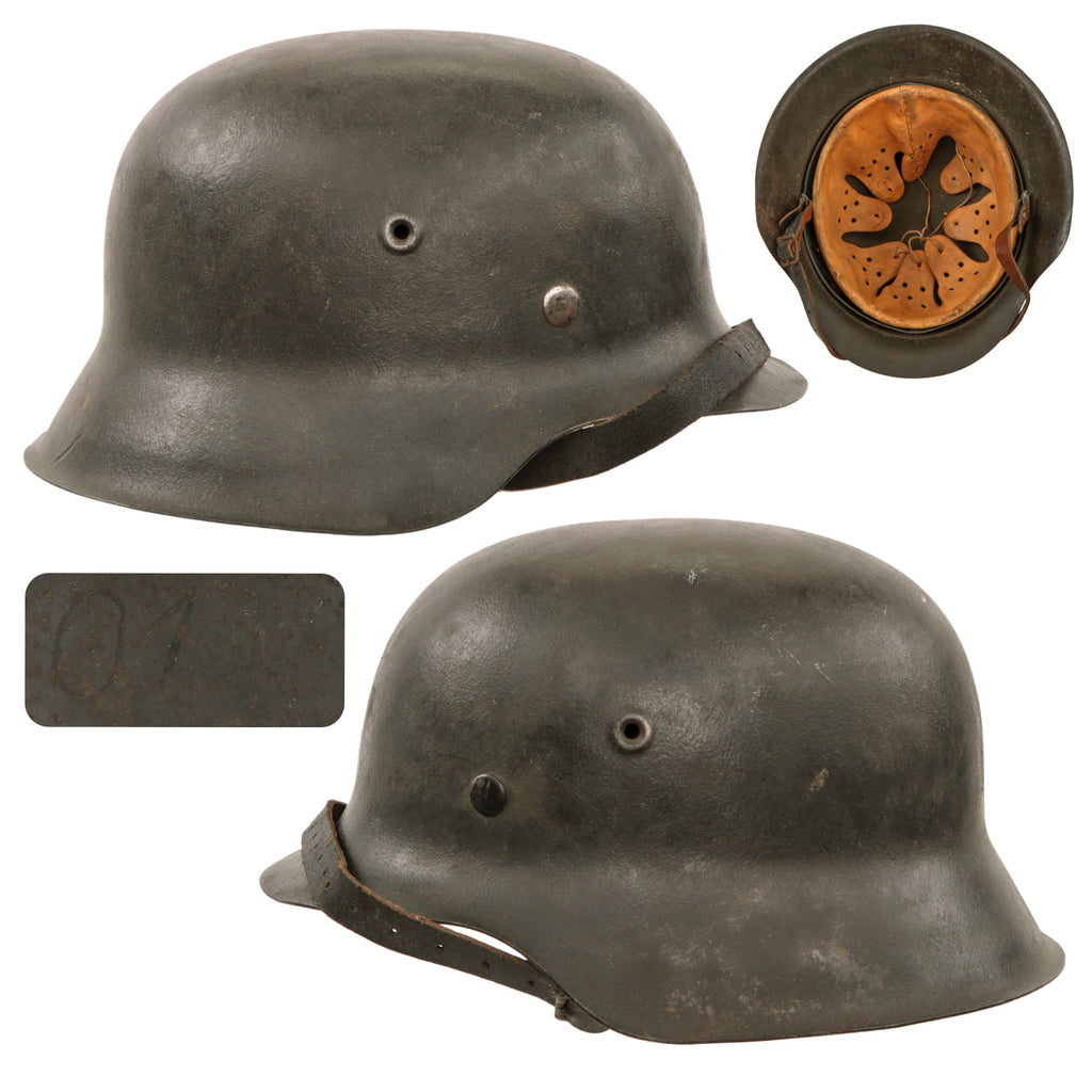 Original German WWII M42 Heer Army No Decal Dome Stamped Helmet with 1943 Dated 56cm Liner & Chinstrap - Stamped EF64 Original Items