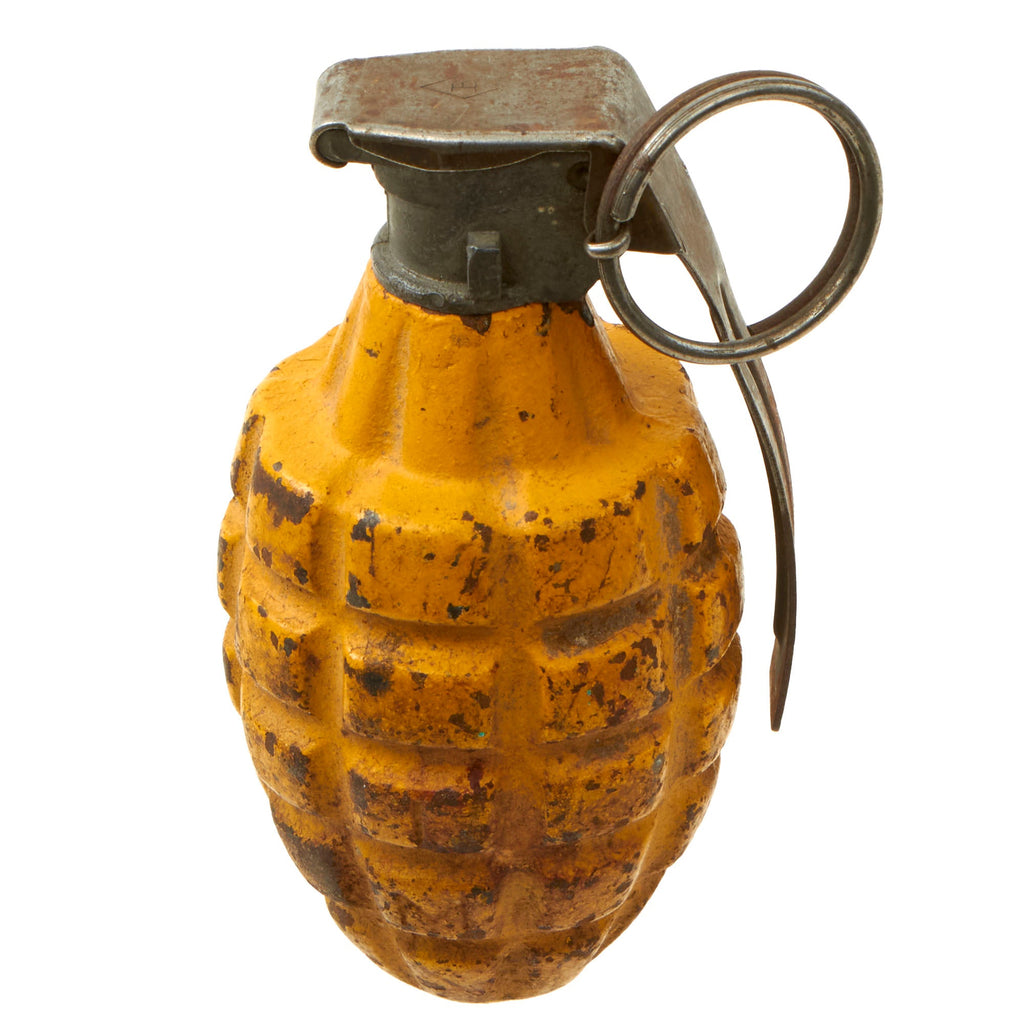 Original U.S. Pre-WWII Inert MkII Yellow Early War High Explosive Pineapple Grenade with MkII Cutback Fuze with Short Spoon Original Items