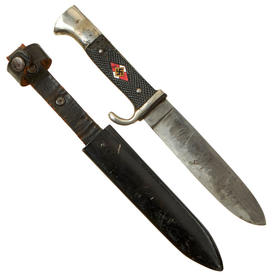Original German WWII Transitional Motto-Marked HJ Knife by Ed. Wüsthof of Solingen with Scabbard Original Items