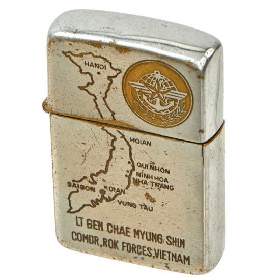 Original Vietnamese Vietnam War Korean-Made Zippo Style Lighter Presented by Commander of ROK Forces to Soldier, Name Carved on Front Original Items