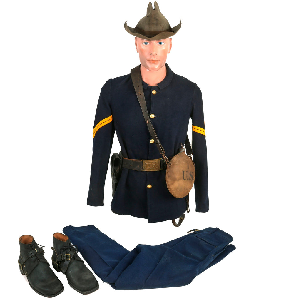 Original U.S. Indian Wars / Spanish-American War Cavalry Corporal Uniform Set - Includes Boots, Blouse, Trousers, Campaign Hat, Belt/Holster and Canteen With Sling Original Items