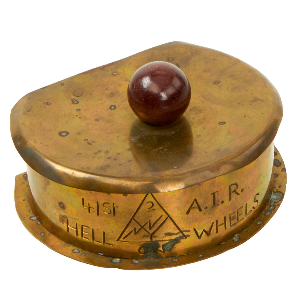 Original U.S. WWII 2nd Armored Division Trench Art Tobacco Box Engraved for 41st Armored Infantry Regiment - Hell on Wheels Original Items